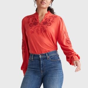NEW Women's Lucky Brand Red Embroidered Long Sleeve Blouse Medium